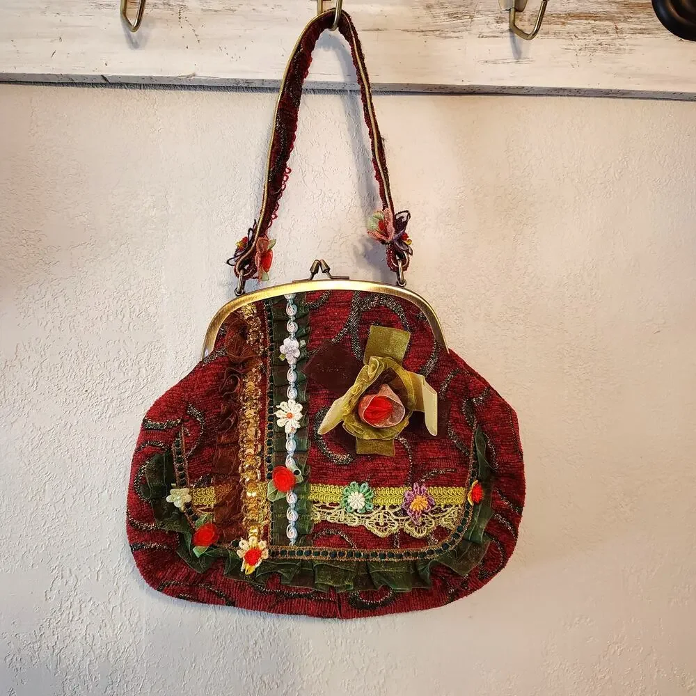 Vintage Style Tapestry Kiss Lock Handbag Floral Ribbon Embellished Boho Purse